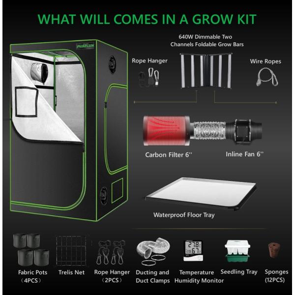 120x120x200 Grow Tent Complete Kit With 640W Grow Bars, 600D, Metal Frame, Waterproof Floor Included