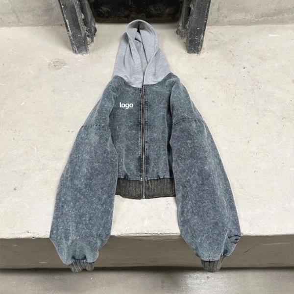 Quality Custom Printing Acid Wash Grey Hoodie Applique Stitching Denim Cropped Stone Washed Hoodie for sale