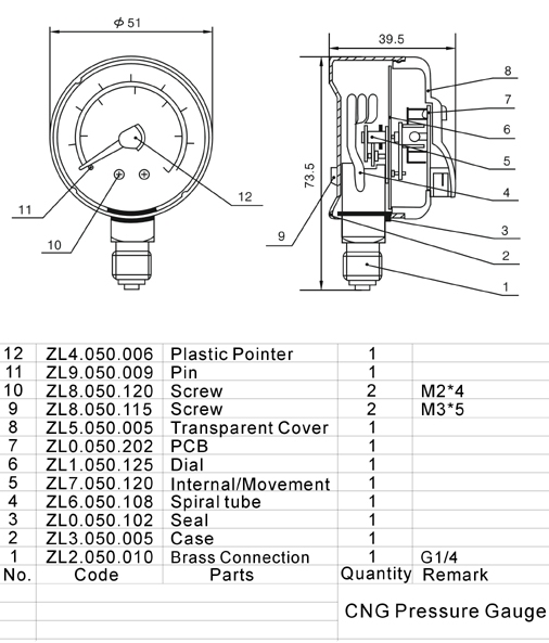 Bottom Mount CNG Pressure Gauge 50mm Linear 400 Bar Vehicles Fuel Tank