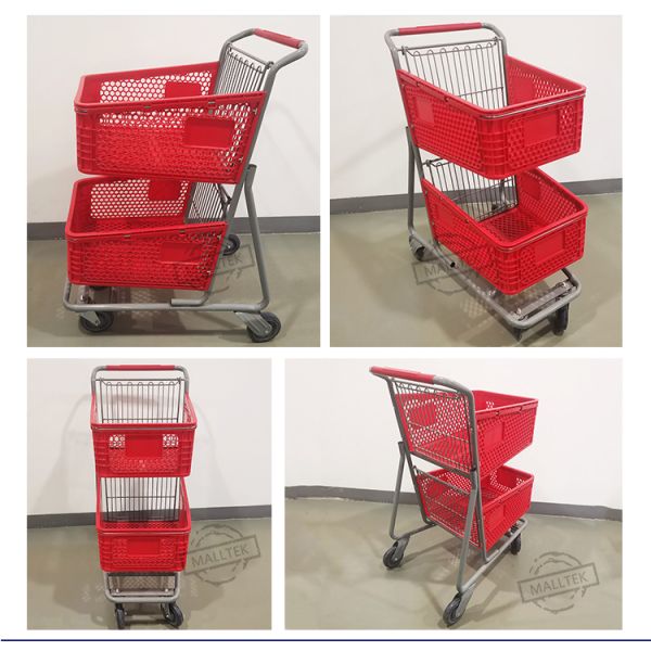 New Style Two Layers Plastic Supermarket Trolley With 4 PU Wheels