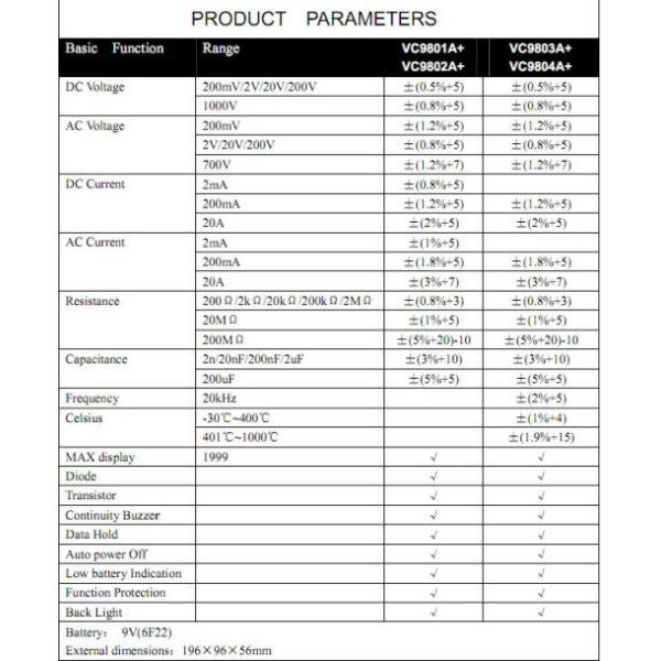 200mV 6F22 Portable Digital Multimeter , Smart Electrician Digital Multimeter