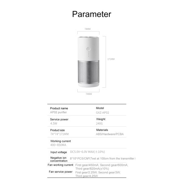 AP02 Portable Negative Ion Air Purifier H12 H13 HEPA Pollen Filter Air Purifier