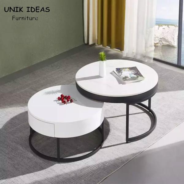 Quality Vintage White Luxury Marble Top Coffee Table With Drawer Storage Black Steel Base for sale