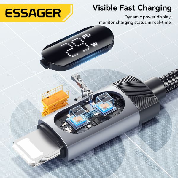 ESSAGER ES-X64 Type C To Lightning Iphone Fast Charger Data Cable 3A PD29W Led Digital Display