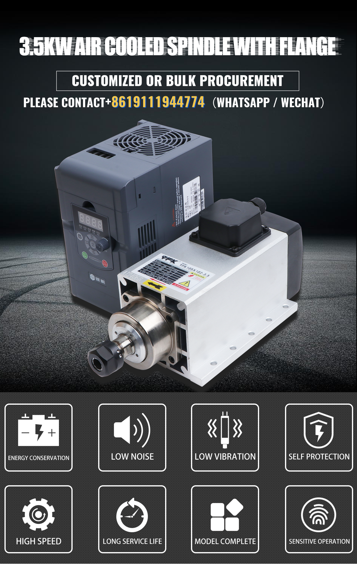 18000 Rpm High Speed Air Cooled Square Spindle for CNC Kit ER20 Collet 3.5KW Motor