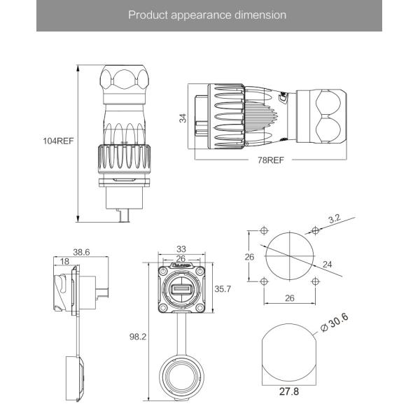 USB3.0 Metal Shell Plug Dual USB Panel Mount M24 9Pin Soldering Cable Connector for Data Transmission