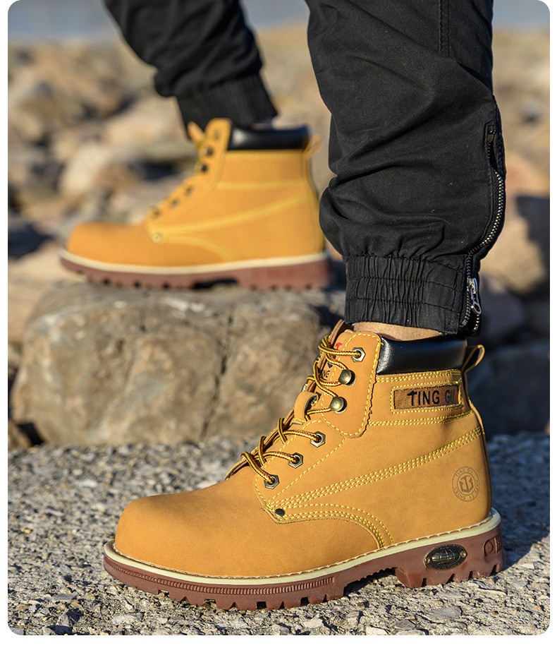 Yellow Microfiber Leather Safety Boots Beef Tendon Sole Work Shoes For Men
