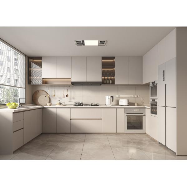 Close-up view of high-end kitchen cabinet hardware and finish