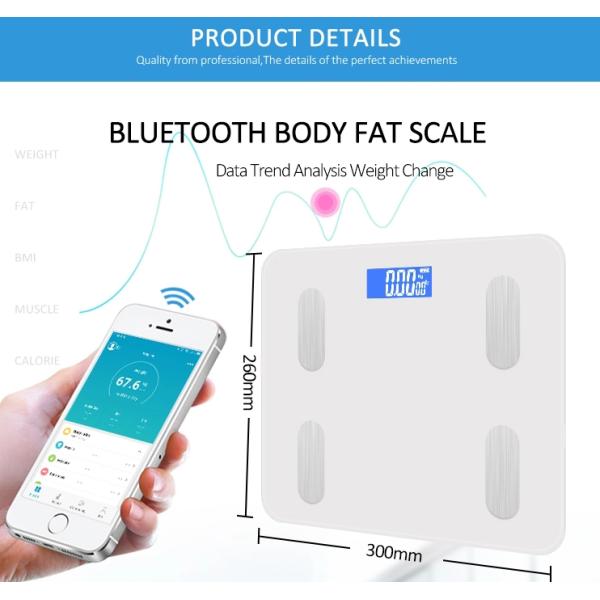 Rectangle Shape 0.1KG / 0.2LB Division Bluetooth Body Weight Scale