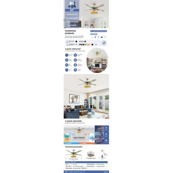 110V Metal Blade Ceiling Fan With Light 52 Inch And AC Motor