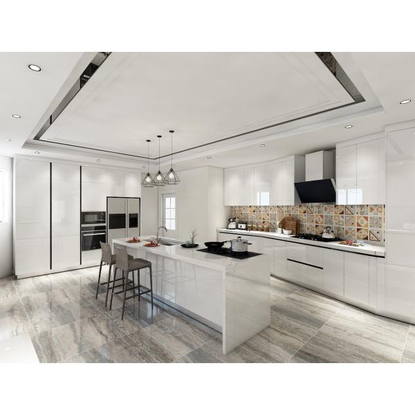 Modern kitchen cabinet with white lacquer finish and quartz countertop