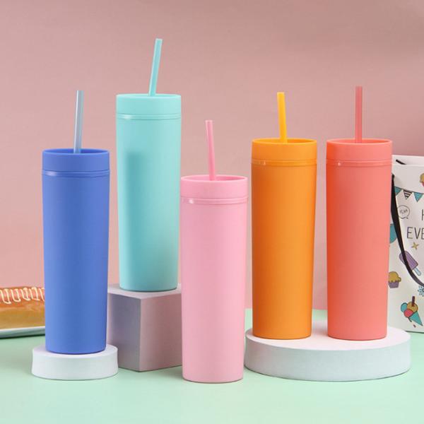 Quality 16oz Double Wall Plastic Acrylic Tumblers Reusable With Straw for sale