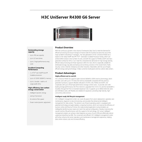 1.5TB R4300 G6 2U Rack Server with 4 x 1G RJ45 Ports