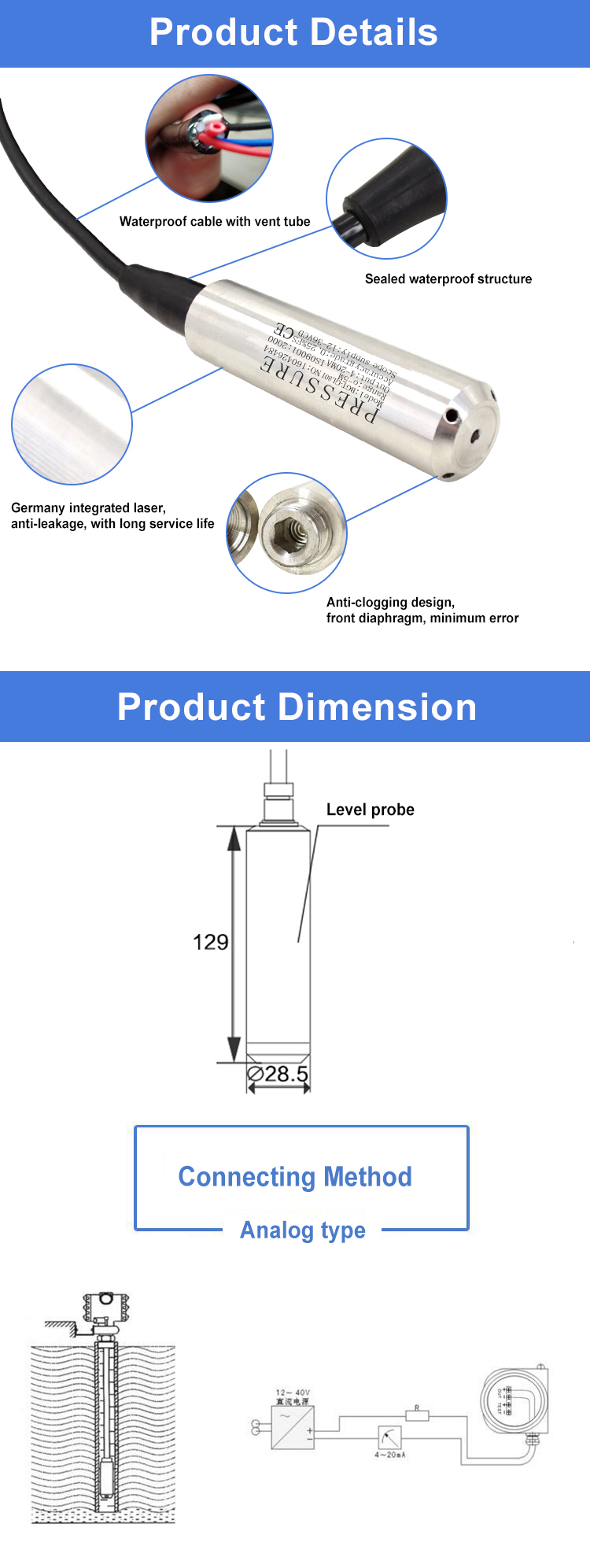 5m Cable Length Submersible Water Pressure Tank Level Sensor with Optional Output Signal