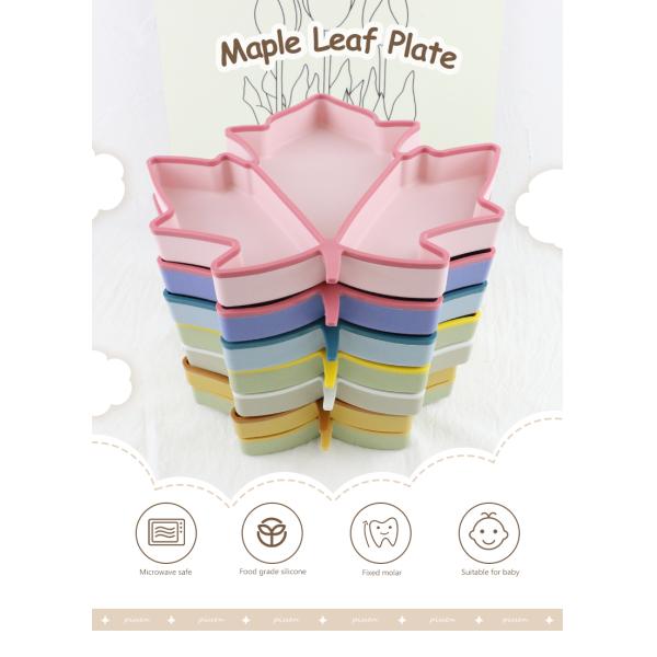 Food Grade Toddler Silicone Plates , Maple Shape Suction Divided Plate Unbreakable