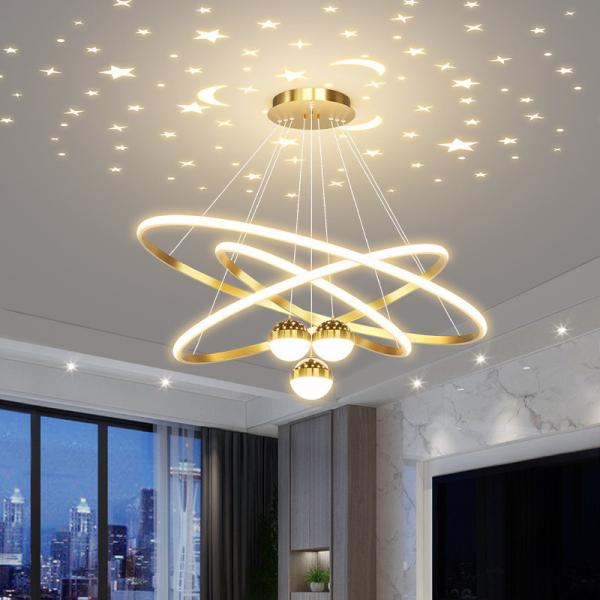Modern Gold Chandelier Round Aluminum Pendant Light Star Ball Projection Durable Living Room Bedroom