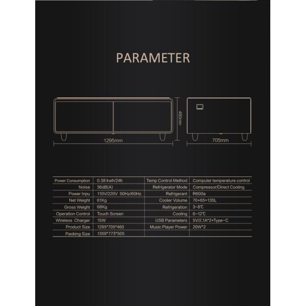 Black Modern Multifunction LED Coffee Table with 135L Refrigerator and Phone Charger