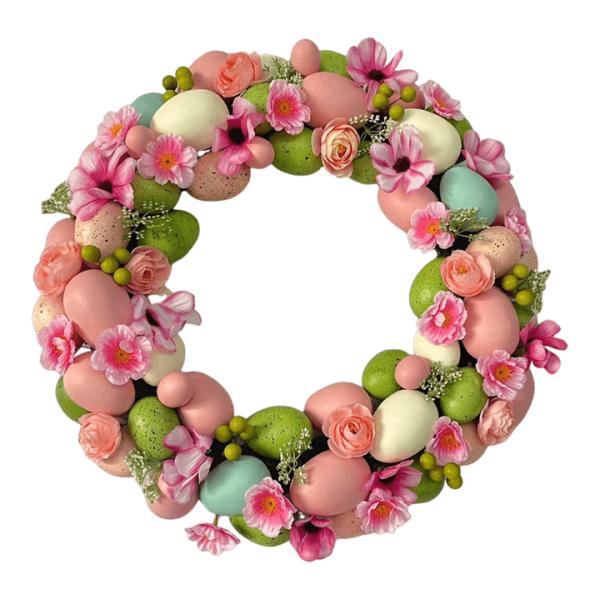 Senmasine Egg Easter Wreath for Front Door Hanging Spring Decor Mixed Colorful Plastic Eggs Artificial Leaves Flowers Wreaths