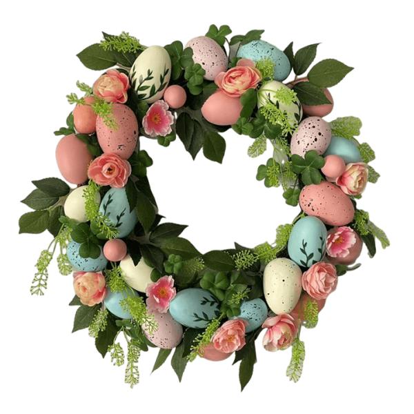 Senmasine Egg Easter Wreath for Front Door Hanging Spring Decor Mixed Colorful Plastic Eggs Artificial Leaves Flowers Wreaths