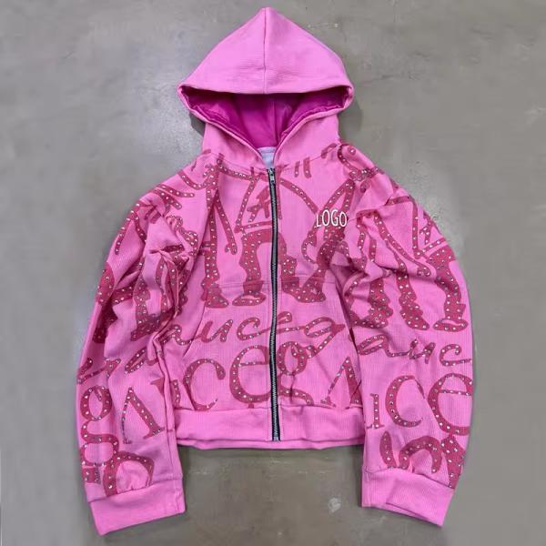 Streetwear Waffle Stain Lining Zip up Hoodie Custom Manufacturer Boxy Crop Oversized Fit French Terry Rhinestone Hoodies for Men