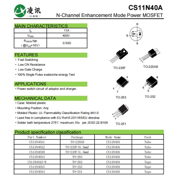 11A400V CS11N40A1 High Voltage MOSFET TO-220AB AC To DC Power Supply