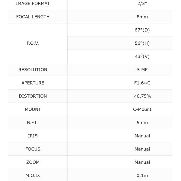 C0802316M5, 2/3″, 8mm very low distortoin wide angle C mount industrial lens, 5MP, manual iris.
