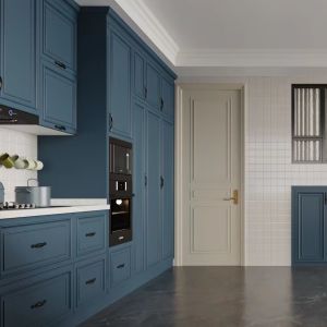 Melamine Solid Wood Laminate Blue Gray Kitchen Cabinets Scratch Resistant