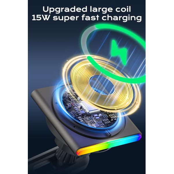 Iphone Car Charger Super Strong Magnetic Suction 360-Degree Rotation Wireless 9-Color RGB Light Fast Charging