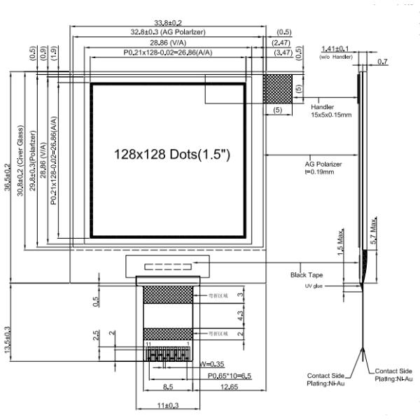 128 X 128 Pixels PMOLED Display , 16 Gray Scale PMOLED Screen SPI / I2C Interface