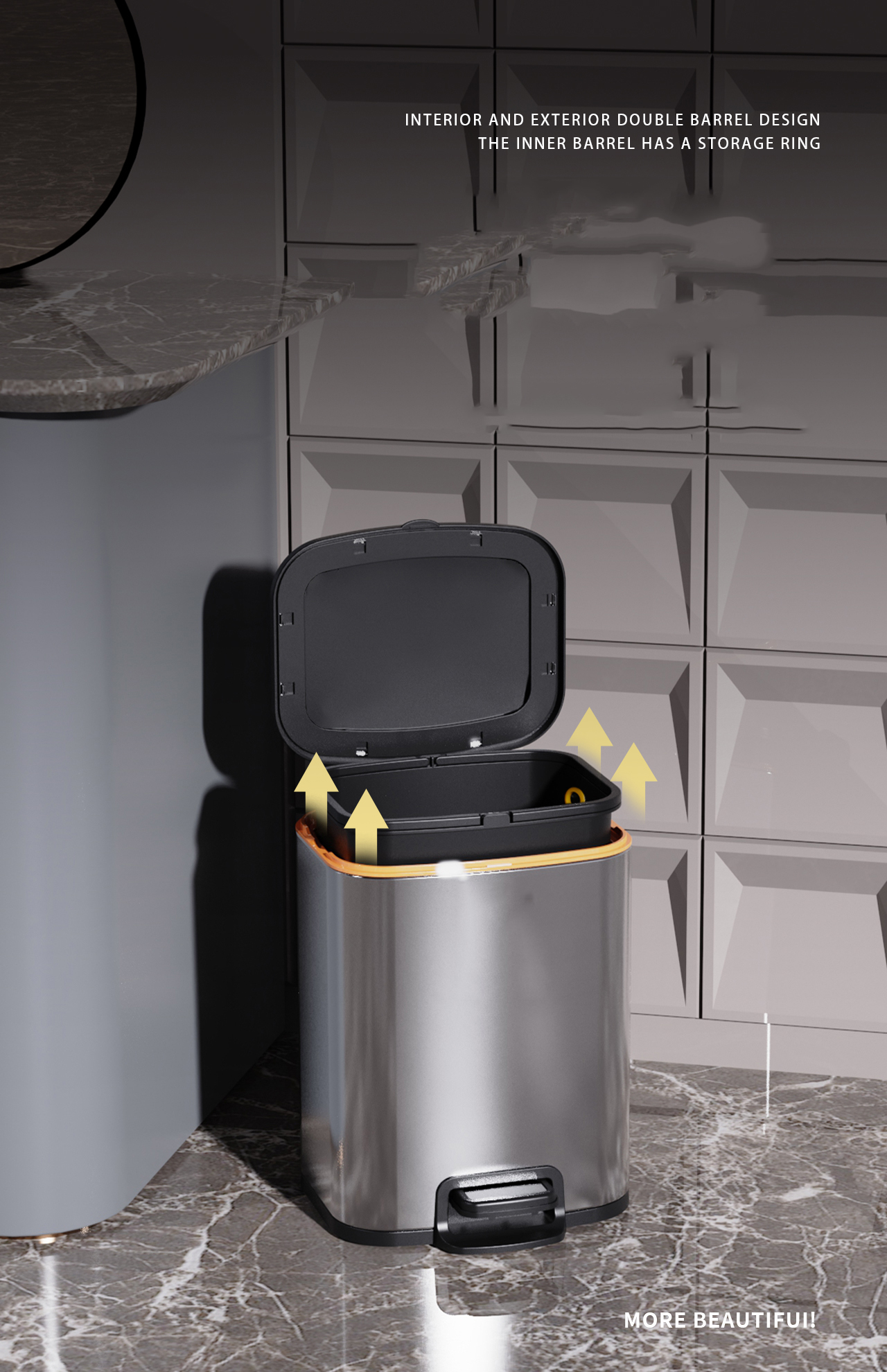13 Gallon Trash Can Dome Stainless Steel Trash Can for Kitchen Metal Stainless Steel Trash Can