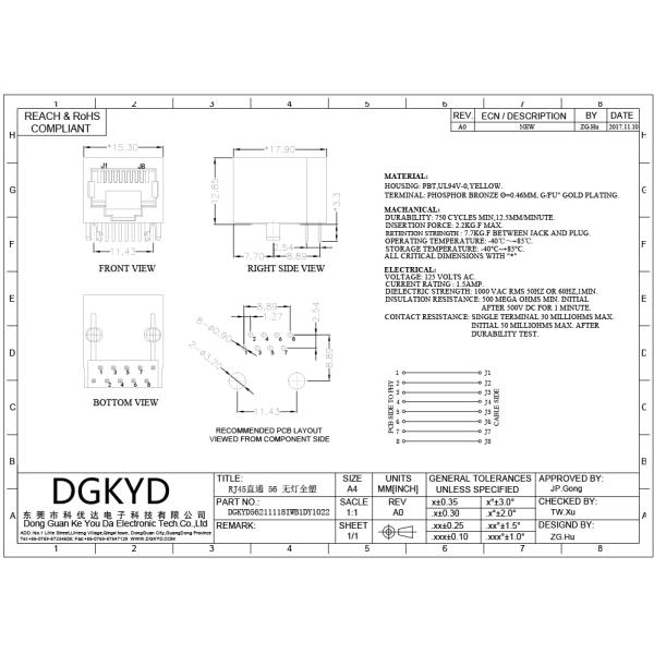 DGKYD56211118IWB1DY1022 Full Plastic PBT Yellow RJ45 Connector DIP PCB Mount Without Lamp RJ45 Without Transformer