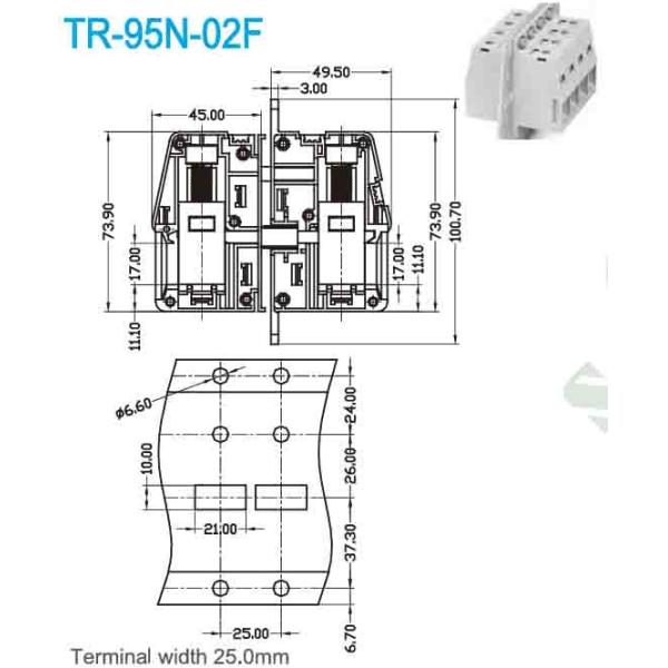 600V 230A Torque 132-177 Through Panel Terminal Blocks Pitch 25.0mm Right Angle