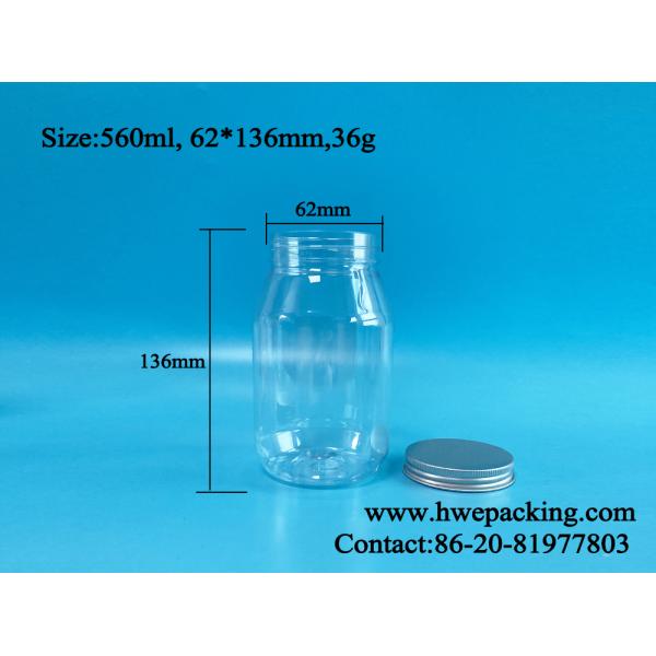 560ml Snacks Mason Plastic Bottle Jar With Aluminum Top 136mm Height