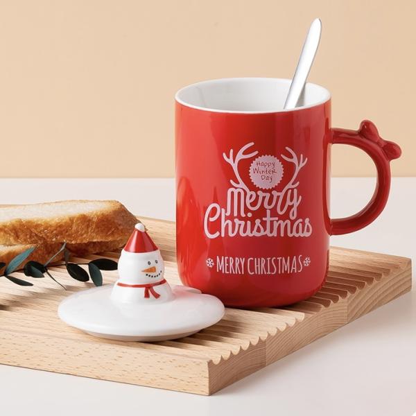New Festival Mug Christmas Round Santa Claus Lid Stainless Steel Spoon Elk Pattern Ceramic Mug With Cover
