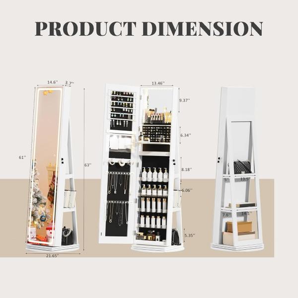 Modern Full Length Mirror Jewelry Cabinet with 3 Back Shelves Makeup Storage and Dual-Lock System