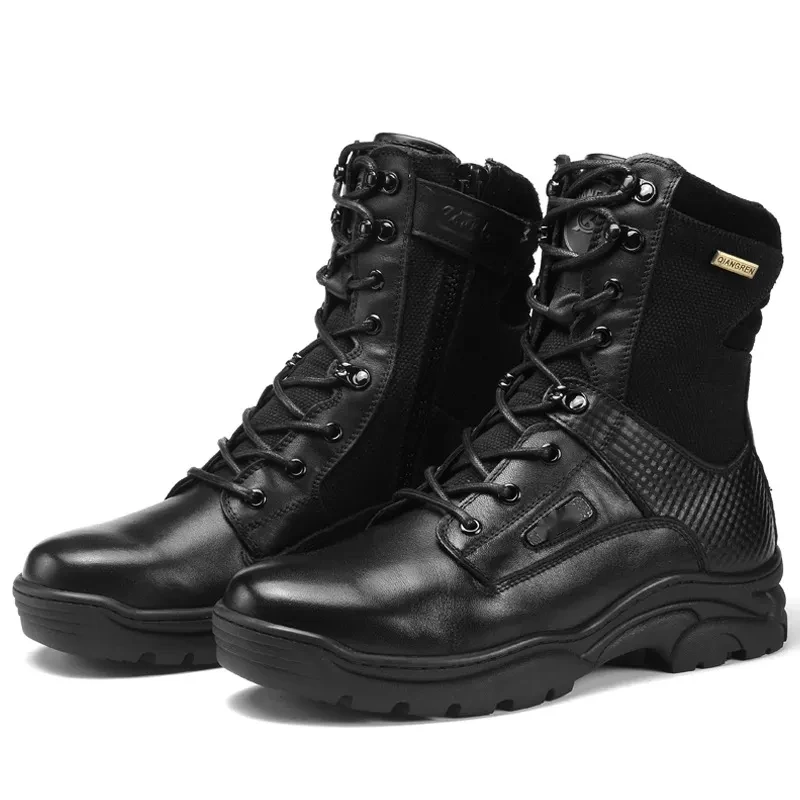 High-quality men's waterproof mid-tube wear-resistant cowhide tactical boots