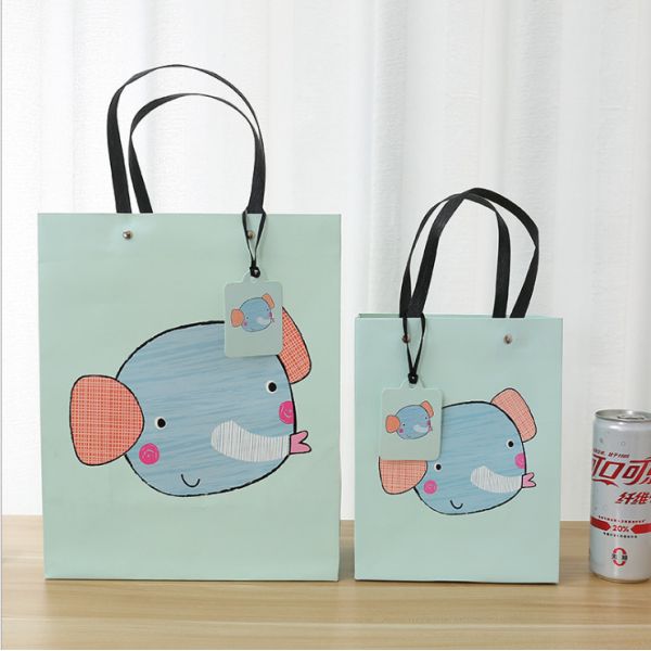 Durable Carton Card Paper Bag Cartoon Animal Pattern With Twist Handle