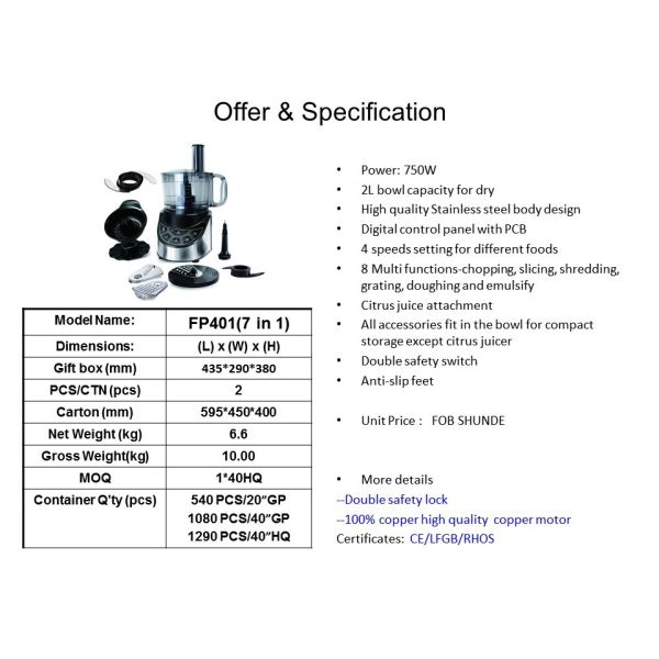 CB GS CE ROHS Certified FP401 Food processor from Kavbao