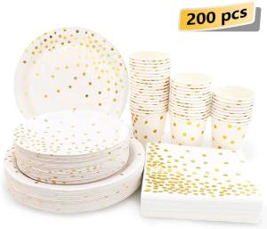China Graduation Party 9 Oz Upscale White And Gold Disposable Dinnerware Sets wholesale