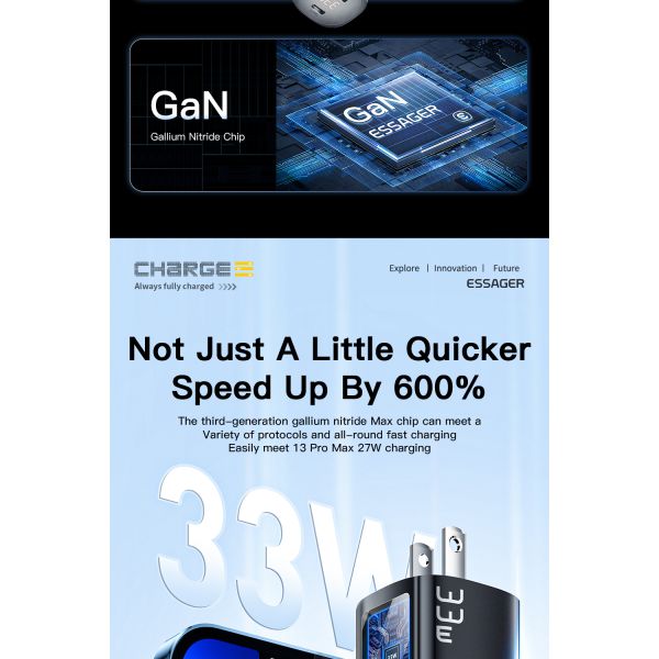 Essager 33W A+C Dual Port LED Digital Display GaN Wall Charger US Standard