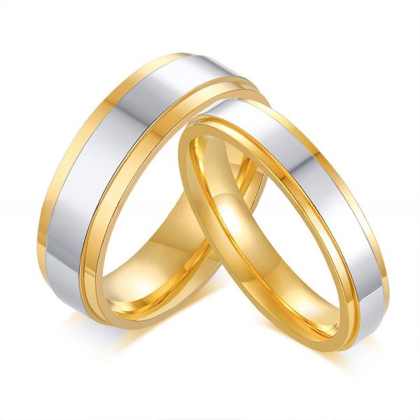 6mm 4mm Stainless Steel Couple Ring High Polished Silver Centre IP Gold Plated Simple Fashion Ring for Children's Party