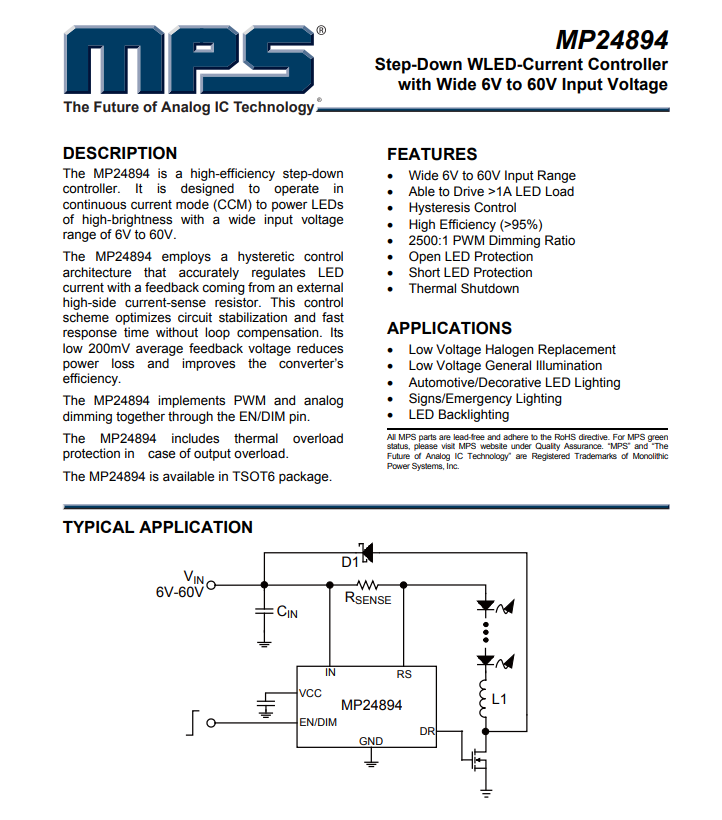 MP24894GJ-Z LED Driver IC 1 Output DC DC Controller Step-Down (Buck) Analog, PWM Dimming TSOT-23-6