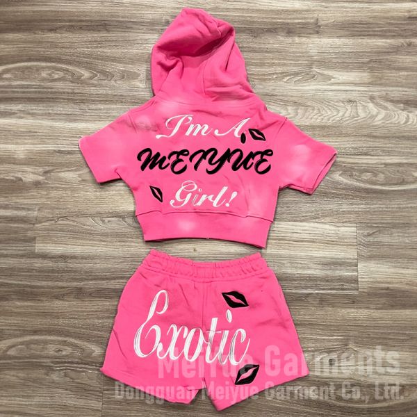 Custom Cropped Top Acid Washed Vintage Zip up French Terry Zip up Hoodie Women Ladies Jogging Suit Hoodie and Shorts Set