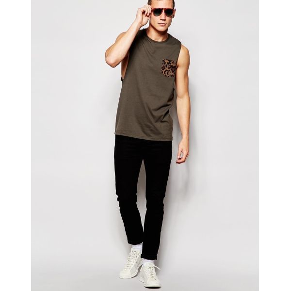 cotton vest with leopard pocket and relaxed skater fit training vest