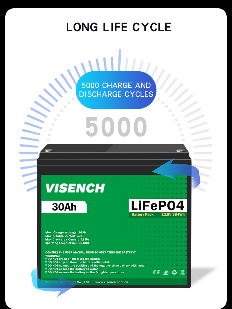 Visench 12V 30Ah Lithium Ion Iron Phosphate Battery Rechargeable 12.8V Lifepo4 Battery Pack