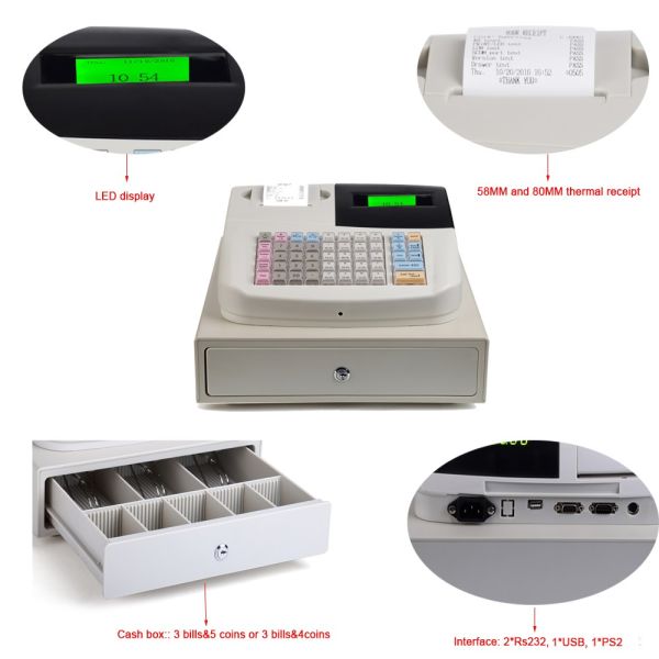 White Portable Cash Register with Built-in 58 mm Printer and Cash Software