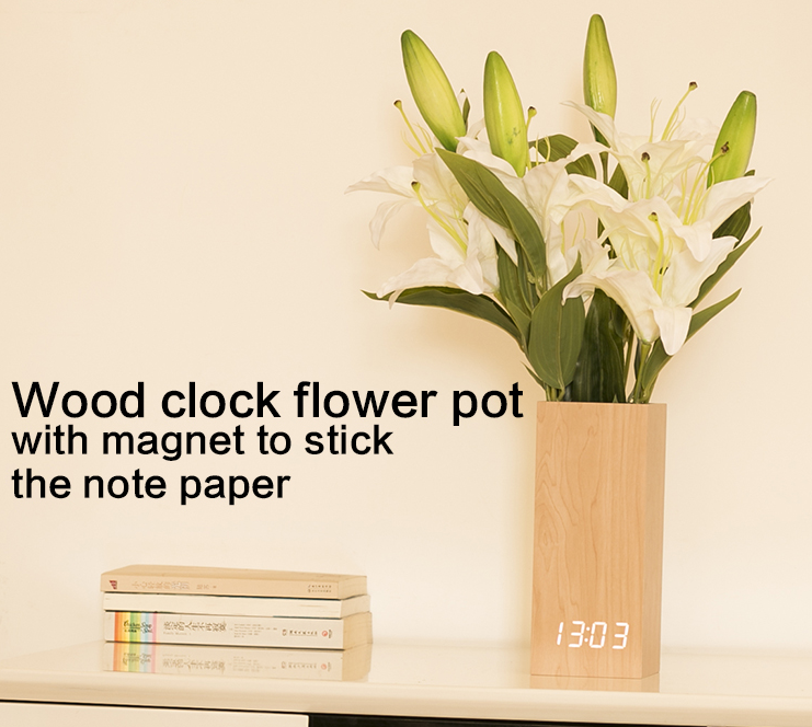 Wooden Digital LED Clock with Flowerpot Beautiful Home Decorative