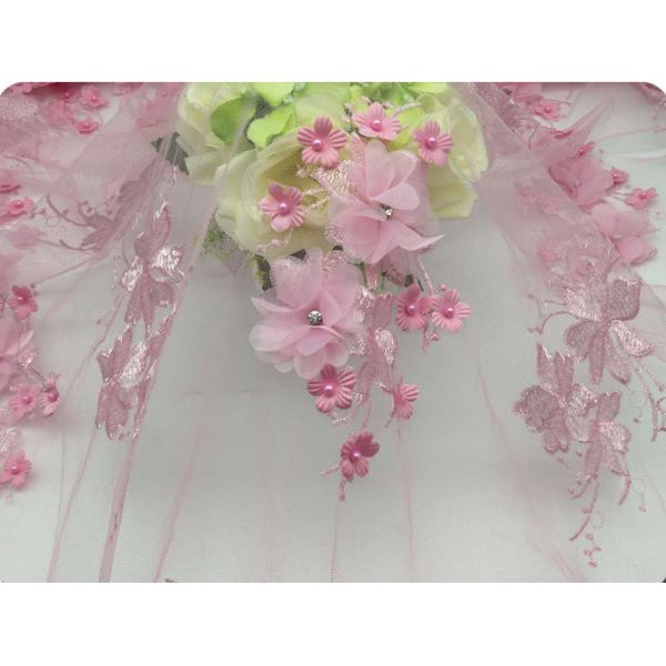 3D Flower Applique Embroidery Lace Fabric with bead and rhinestone