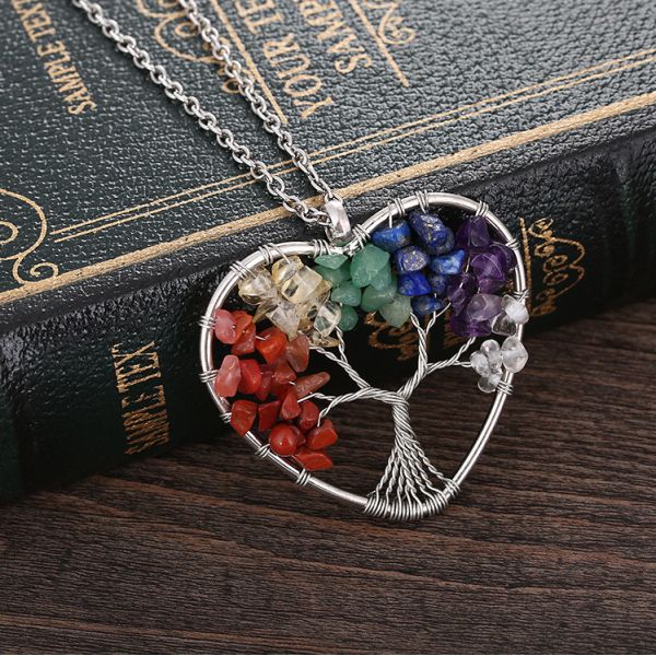 Meditation Life Tree Heart Shaped Chakra Stone Crystal Necklace Adjustable Size
