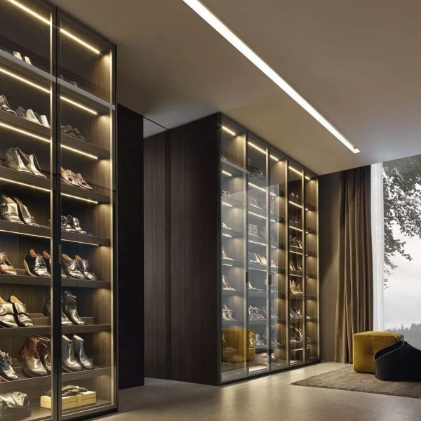 U-shaped walk-in closet organizer showing spacious interior with adjustable shelves